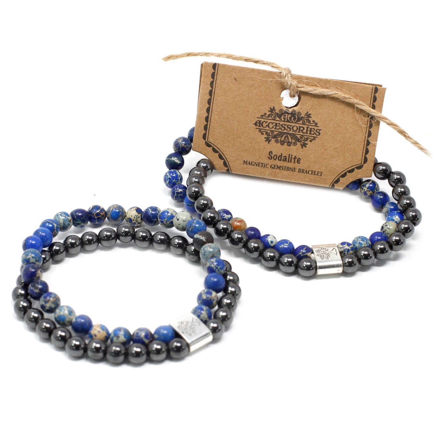 Two beaded bracelets with a tag labeled 'Accessories' on a white background