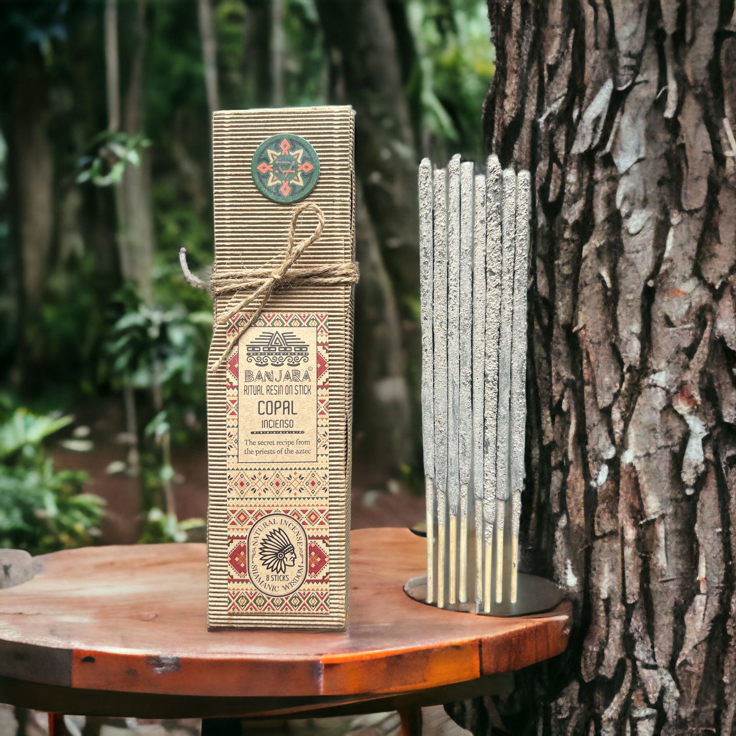 Packaged product on a wooden table with a natural background