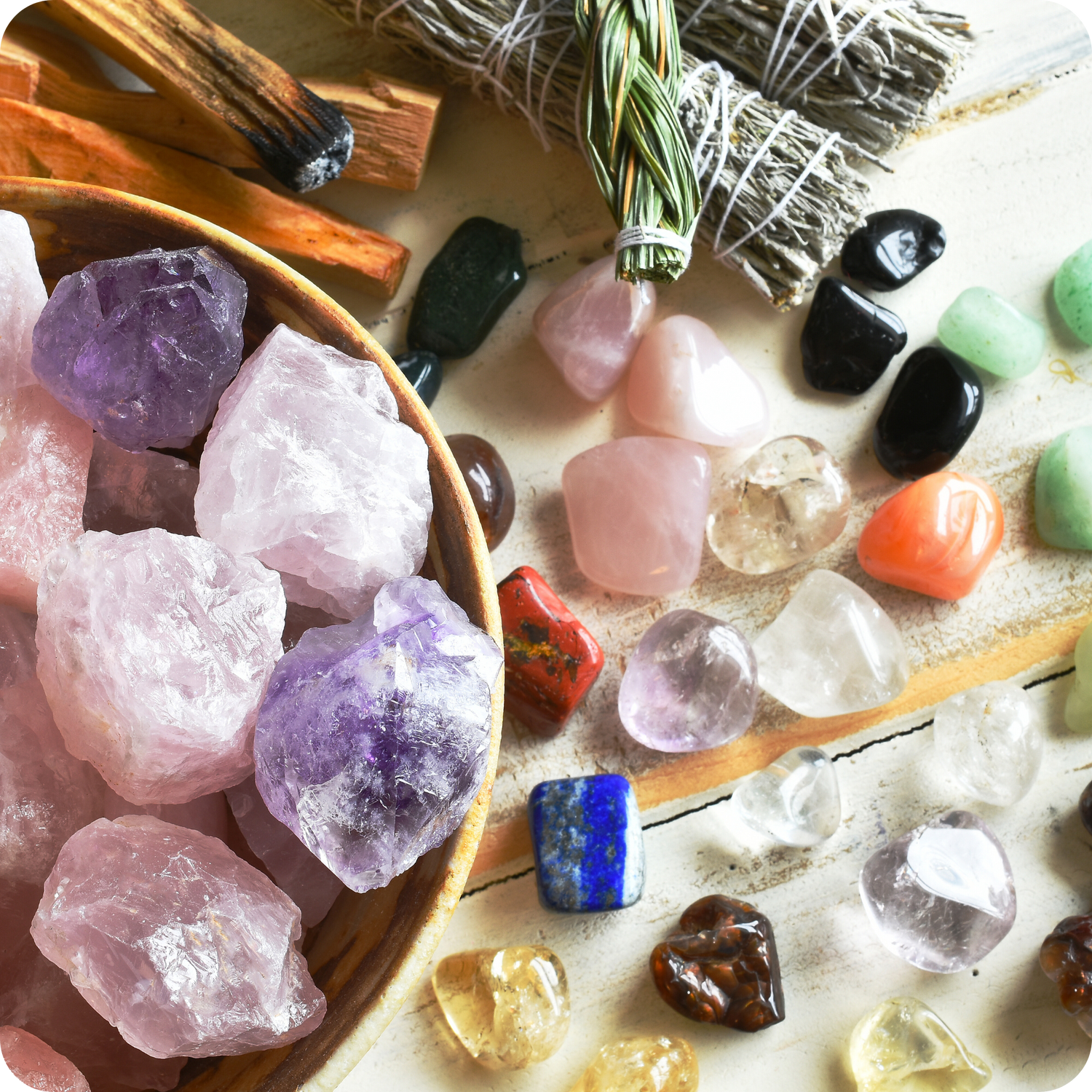 A stunning assortment of healing crystals in various shapes and colors, perfect for wellness and spiritual balance.