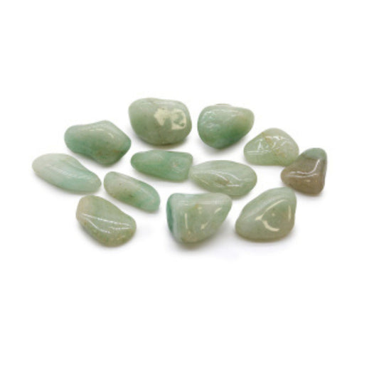 A collection of 12 medium-sized Aventurine tumble stones showcasing their natural green hues and smooth polished surfaces.