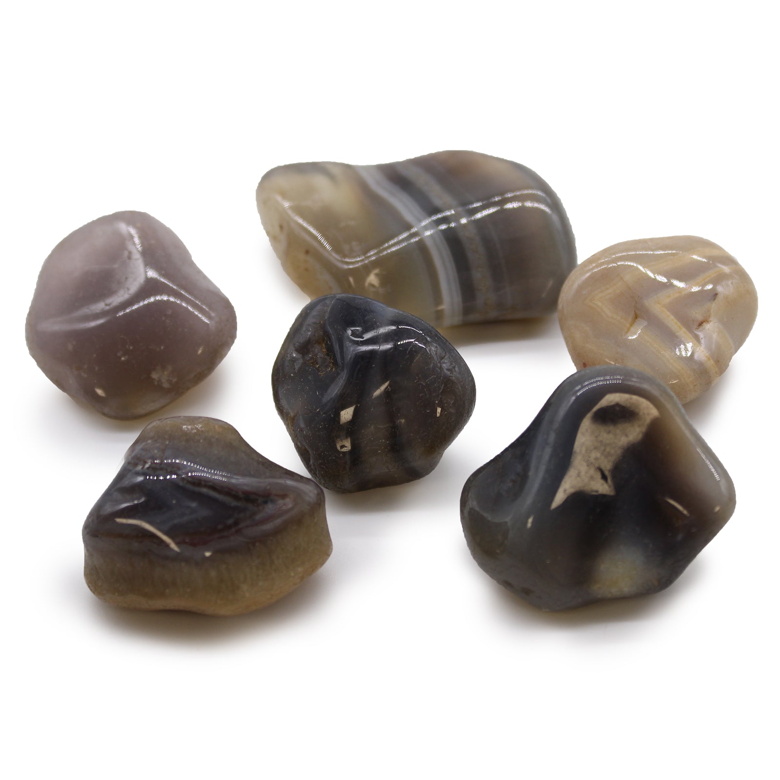 Image of a Bag of 6 Grey Agate Tumbled Stones, Natural African Healing Crystals from South Africa, perfect for meditation and emotional balance.