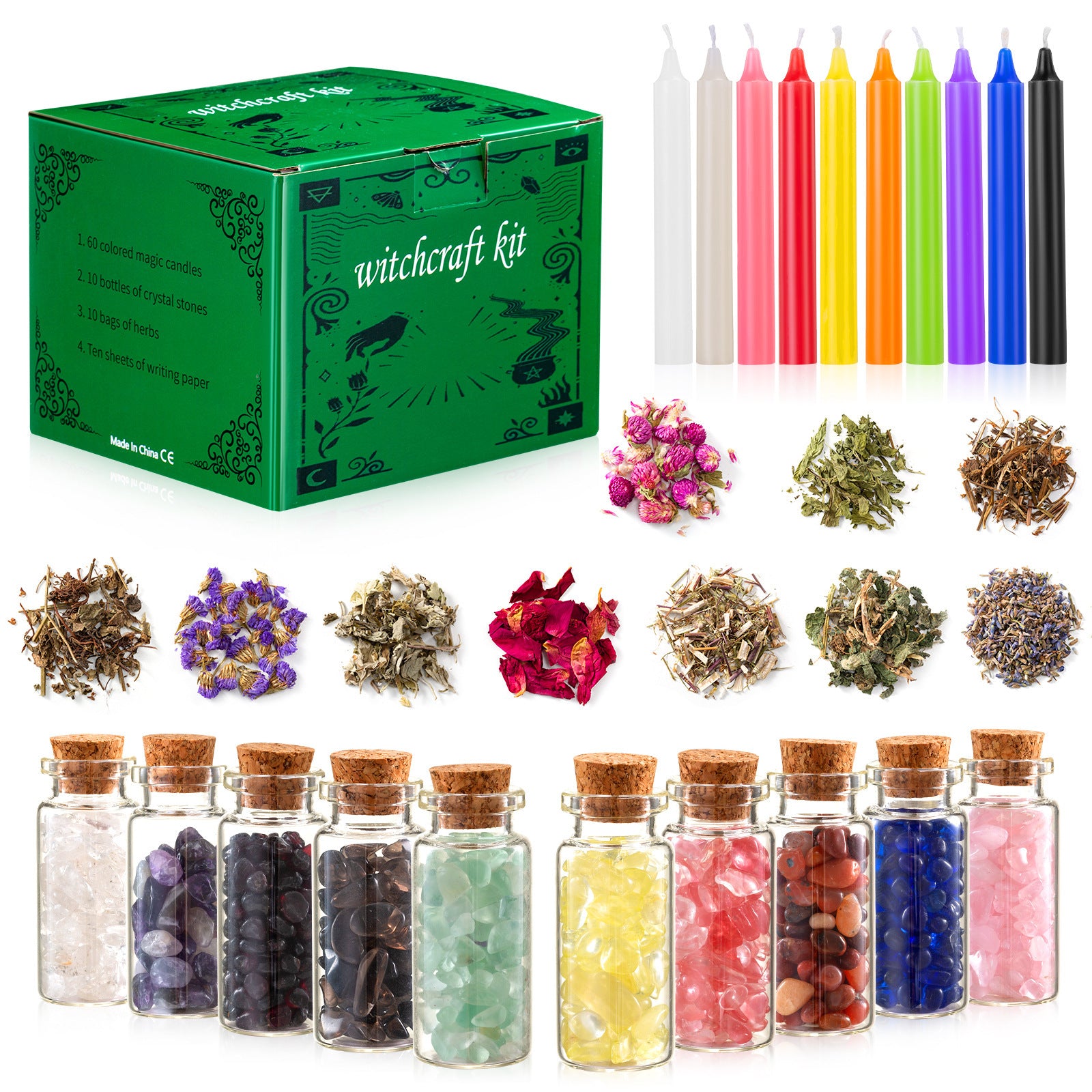 Crystal Dry Herb Colorful Candle Set featuring vibrant candles, herbal bags, crystal stones, and decorative sheets for relaxation and ambiance.