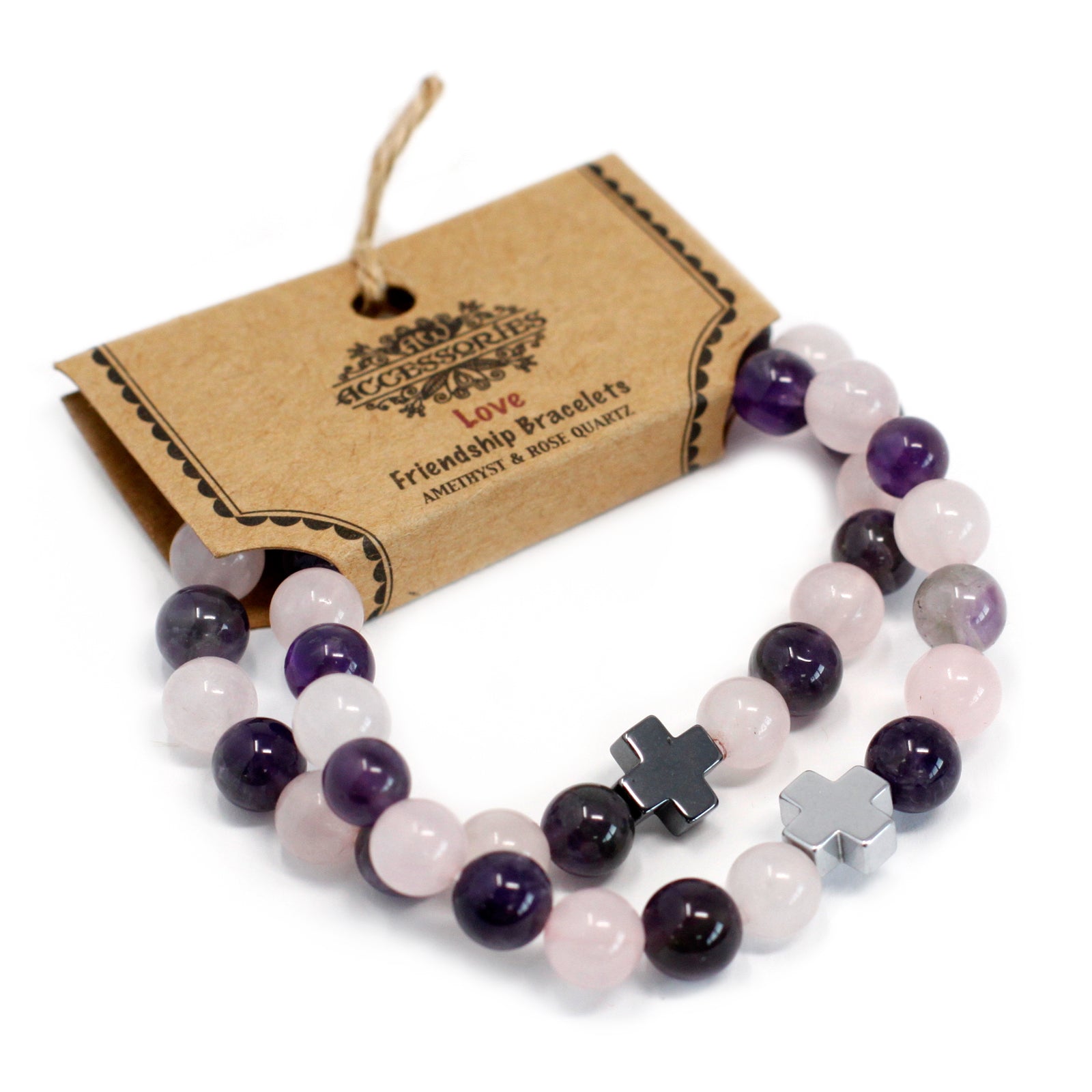 Image of a set of 2 Gemstone Friendship Bracelets featuring Amethyst and Rose Quartz. Stretchable design, perfect for celebrating friendship and love.