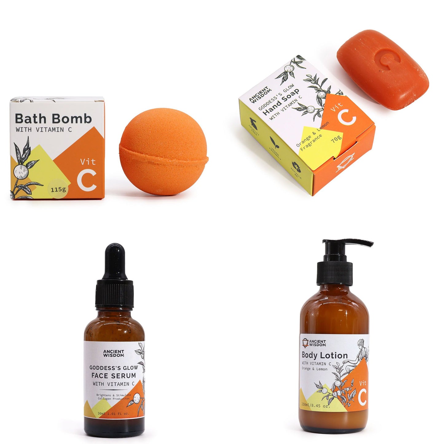 Collection of skincare products including a bath bomb, face serum, and body lotion on a white background.