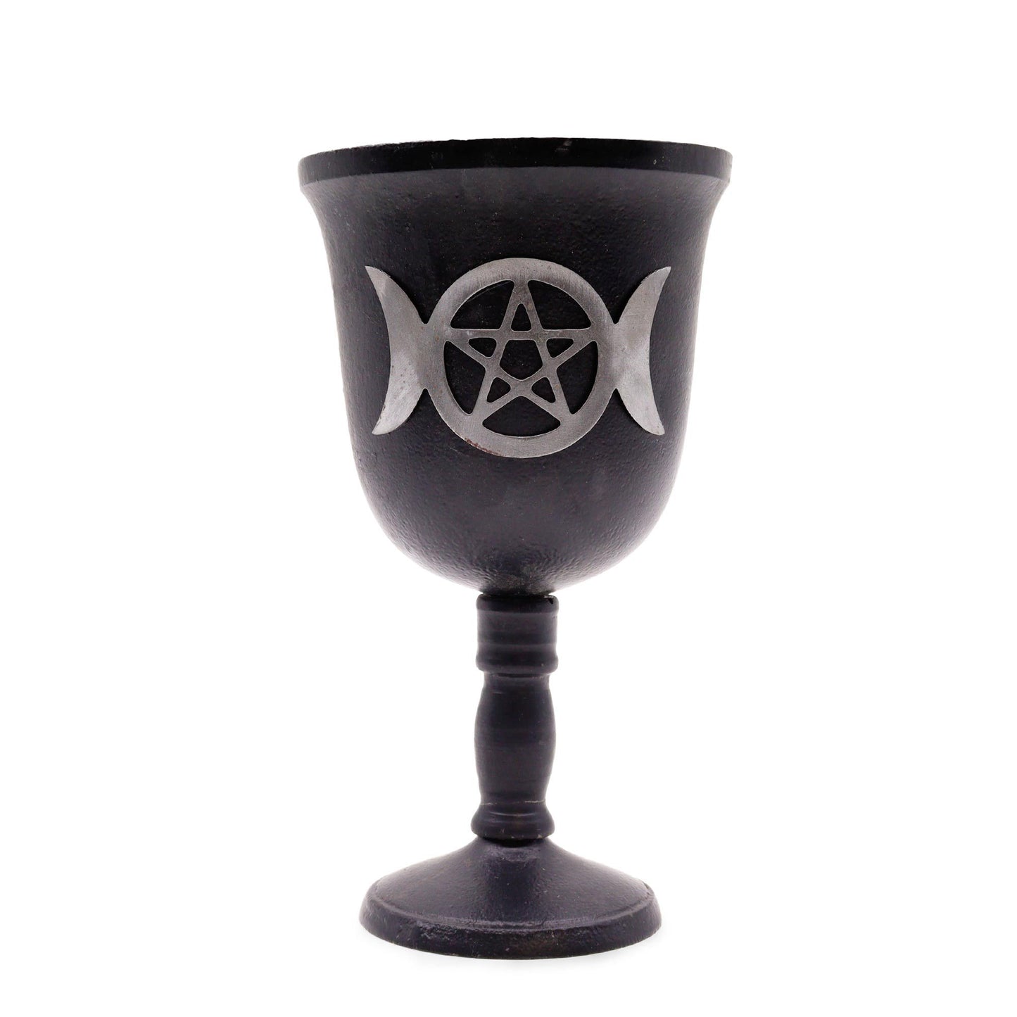 Black goblet with silver pentacle and moon phases design on a white background