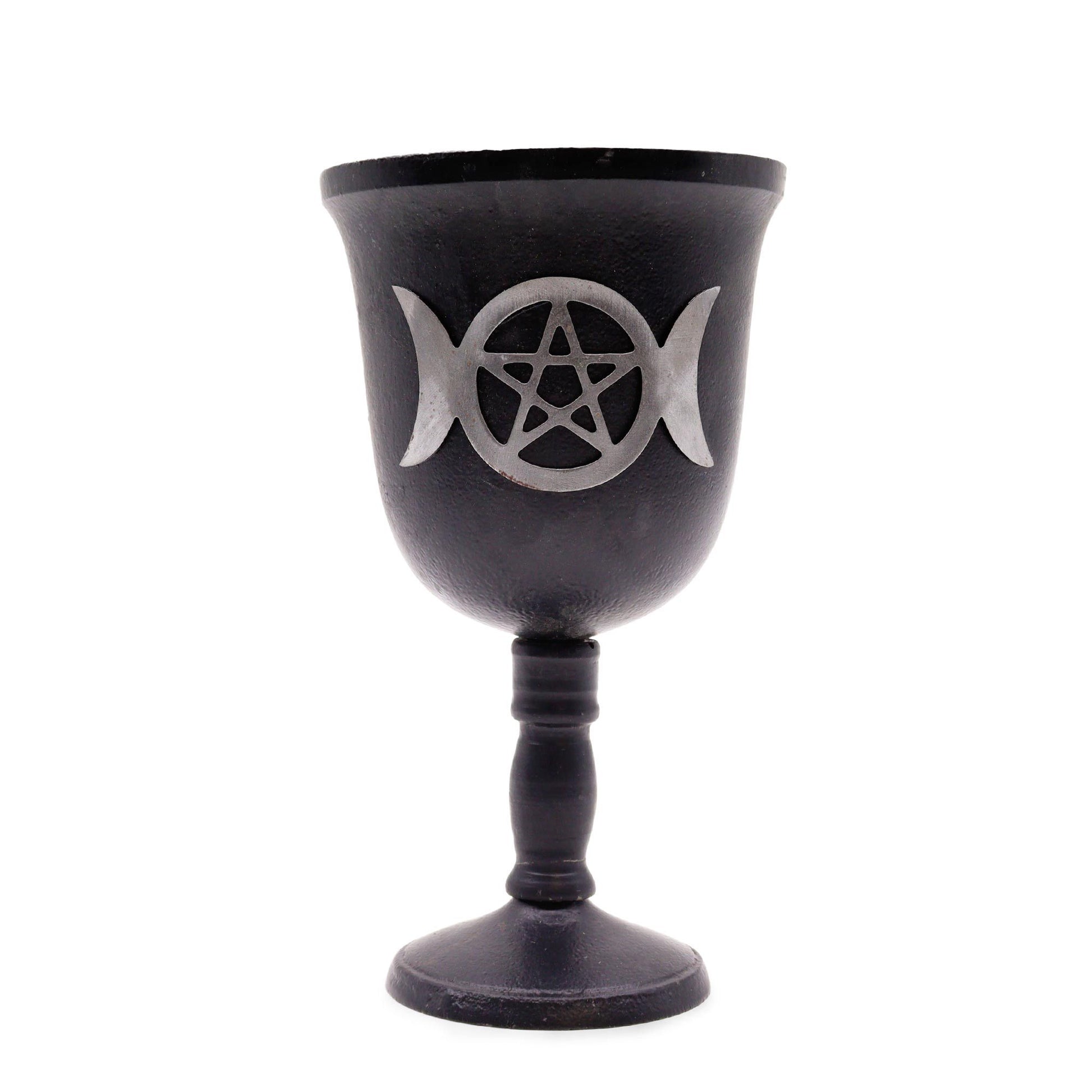 Black goblet with silver pentacle and moon phases design on a white background