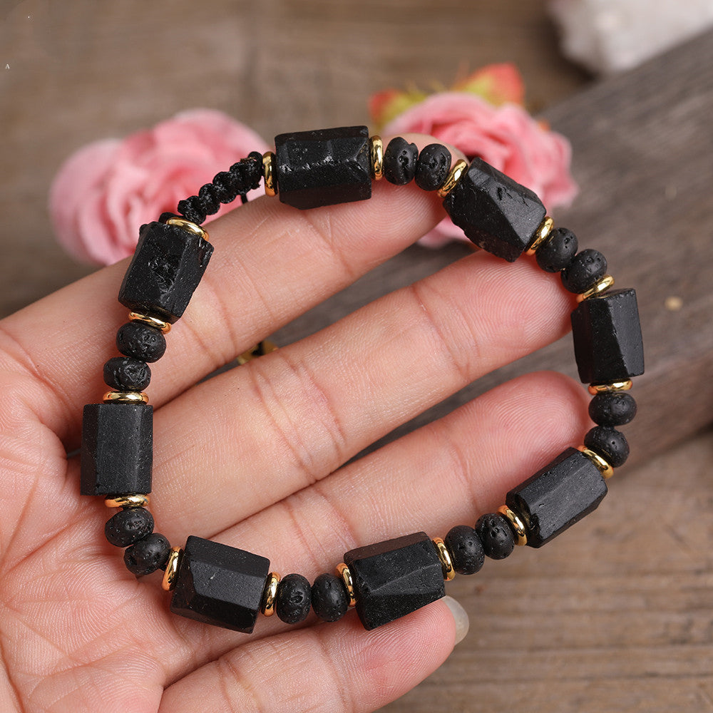 Close-up of Black Tourmaline Lava Bead Bracelet - 4x6mm Beads, 7.5 Inches