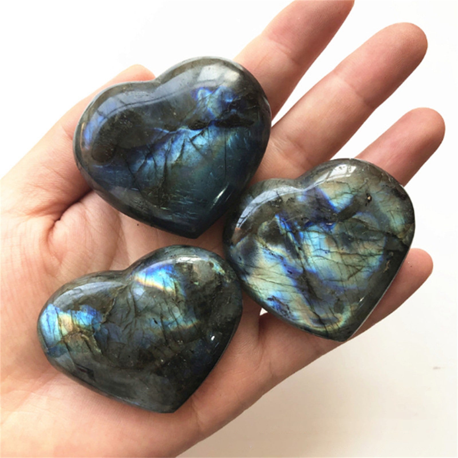 Labradorite Palm Stone showcasing its vibrant iridescent colors and smooth finish