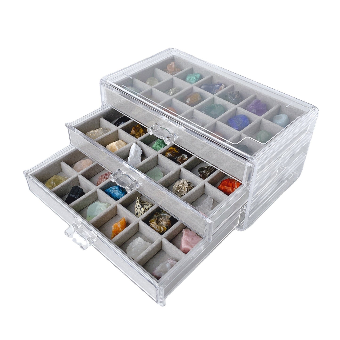 Natural Crystal Gemstone Specimen Collection Box with raw stones and mine marks for collectors and enthusiasts