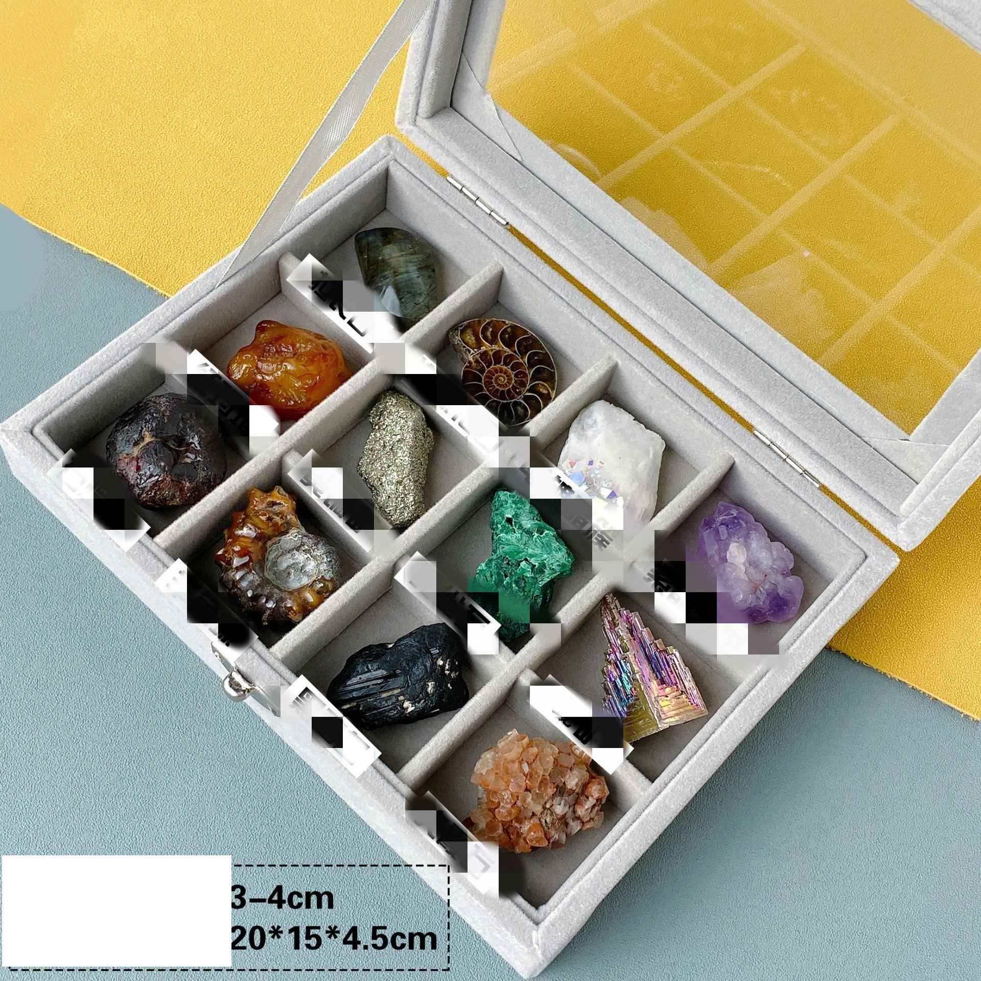 Natural crystal gemstones from the specimen collection box, highlighting unique textures and colors