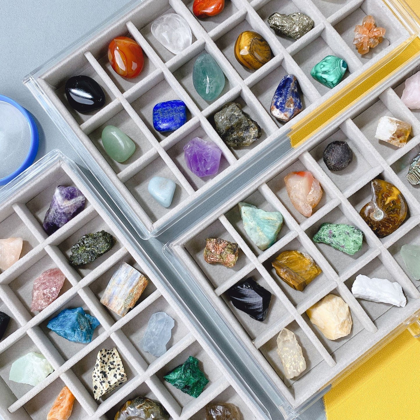 Close-up of natural crystal gemstones from the specimen collection box, showcasing raw stones and vibrant colors