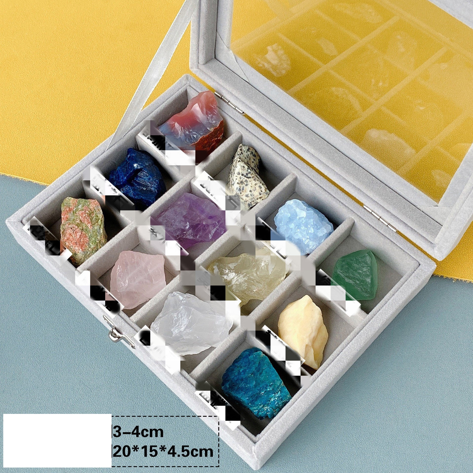 Natural crystal gemstone set highlighting raw stones and unique textures from the collection box